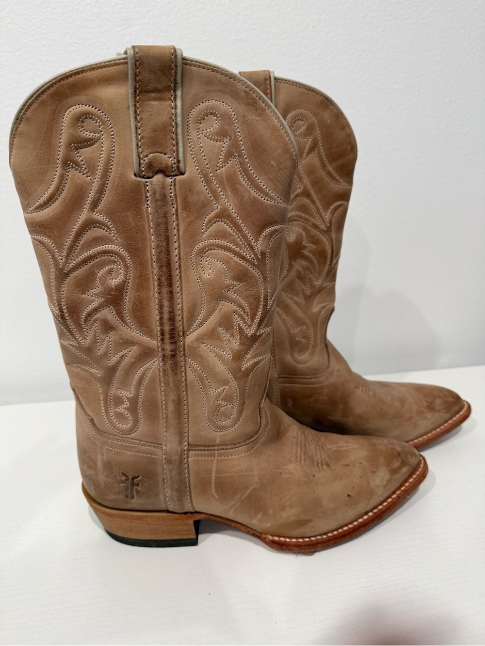 Frye Taupe Suede Western Heeled Boots; mid calf. Pull-on